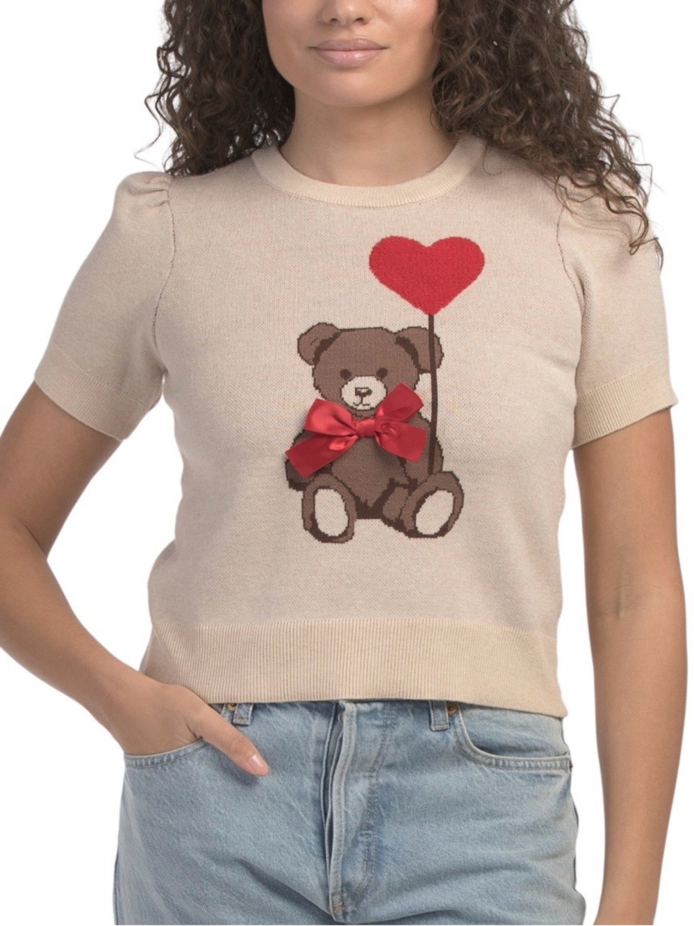 Kaily K Teddy Bear Heart Short-Sleeve Sweater Top